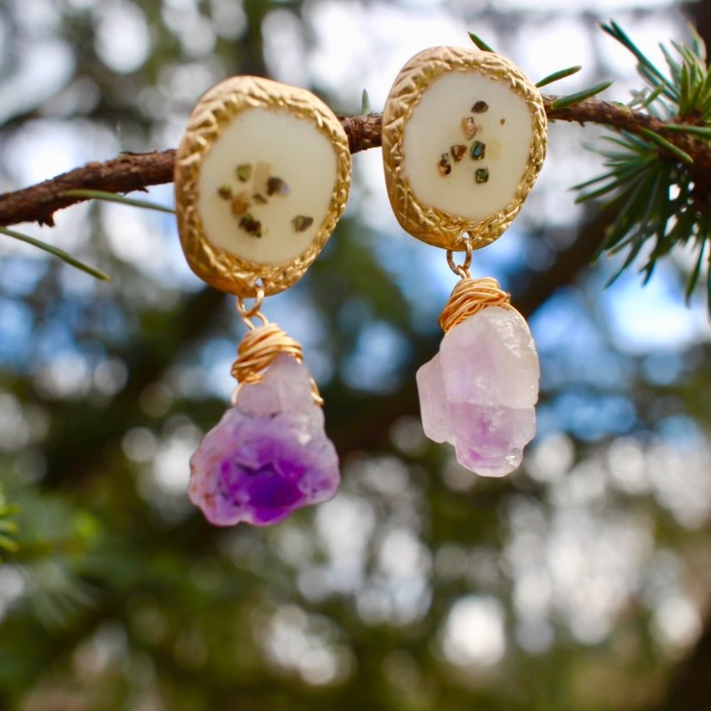New Gold Crushed Shell Button Stone Drop Earrings